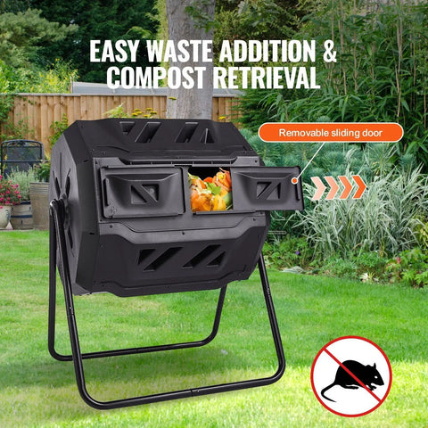 Beefy Dual Chamber 43 Gallon Compost Tumbler With Rotating Design And Two Doors in a garden setting with sliding door open.