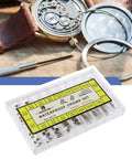 162 Piece Watch Repair Kit With Copper Stainless Steel Crowns And Stem Extenders displayed next to open watch case