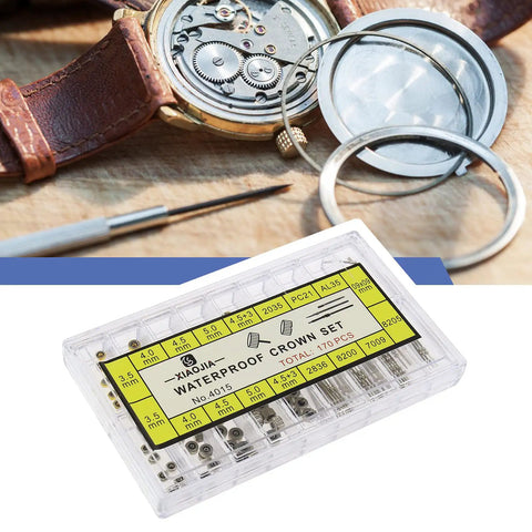 162 Piece Watch Repair Kit With Copper Stainless Steel Crowns And Stem Extenders displayed next to open watch case