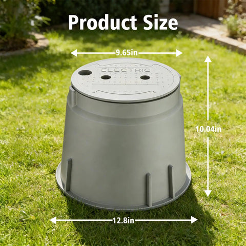 Hella Durable Ten Inch Underground Electrical Junction Box With Easy Remove Lid For Outdoor Wire Splices And In Ground Circuit Connections Built Tough Solid Polyethylene on grass showing dimensions.