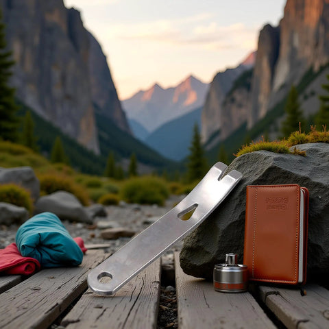 Pocket Size Stainless Steel Crowbar Pry Bar Widgy Bar EDC Tool For Bushcraft And Survival on a wooden surface outdoors