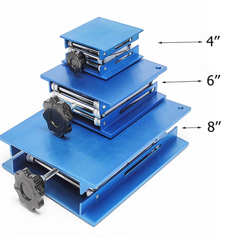 Multiple blue aluminum oxide lift tables with scissor jack platforms, sizes 4, 6, 8 inches, heavy duty 110 lb capacity, adjustable height.