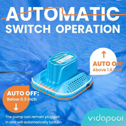 Half HP Pool Cover Pump With No Fuss Auto On Off Sensor on a blue pool cover showing automatic operation instructions.