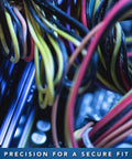 Close-up of colorful wires and cables inside a machinery setup labeled "Precision for a Secure Fit."