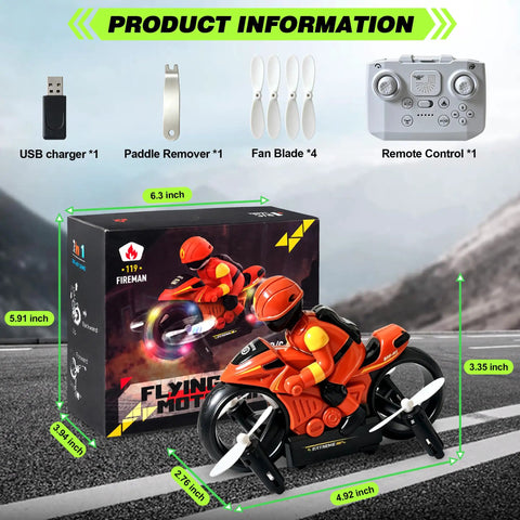 Ground And Air RC Motorbike Toy For Kids And Adults 2 In 1 Remote Control Vehicle With LED Lights and box packaging