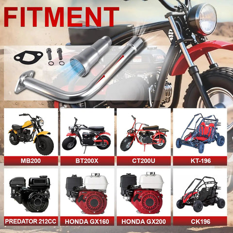 Product fitment guide for Three Stage Exhaust System With Stainless Silver Tip For Predator 212cc And 196cc 6.5HP Engines.