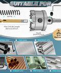 Ultimate Pro Grade 14-Piece TCT Carbide Hole Saw Kit For Hard Metal with images of drill bits and materials suitable for cutting.