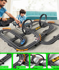 Father and child playing with Action Packed Slot Car Race Track Set With Electric Or Battery Power Includes Four High Speed Cars Two Hand Controllers Dual Racing Game Toys For Kids Aged Six Seven Eight Indoor Outdoor Fun For Family Play on a carpeted floor.