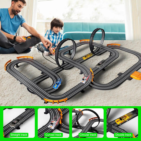Father and child playing with Action Packed Slot Car Race Track Set With Electric Or Battery Power Includes Four High Speed Cars Two Hand Controllers Dual Racing Game Toys For Kids Aged Six Seven Eight Indoor Outdoor Fun For Family Play on a carpeted floor.