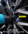 Magnetic Impact Nut Driver Set With SAE And Metric Deep Sockets Ratcheting Screwdriver Universal Socket Wing Nut Driver Extensions And Power Bits For Pro Mechanics And DIYers in use on car wheel lug nuts
