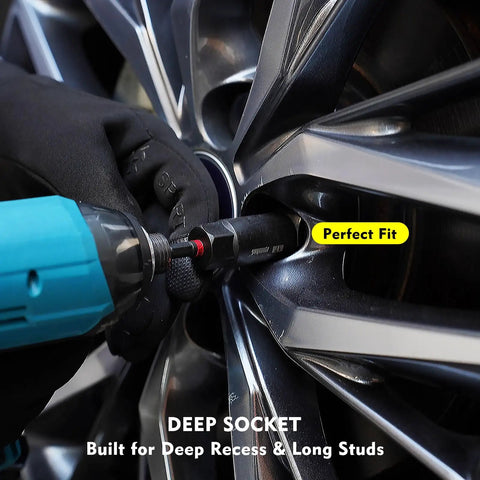 Magnetic Impact Nut Driver Set With SAE And Metric Deep Sockets Ratcheting Screwdriver Universal Socket Wing Nut Driver Extensions And Power Bits For Pro Mechanics And DIYers in use on car wheel lug nuts