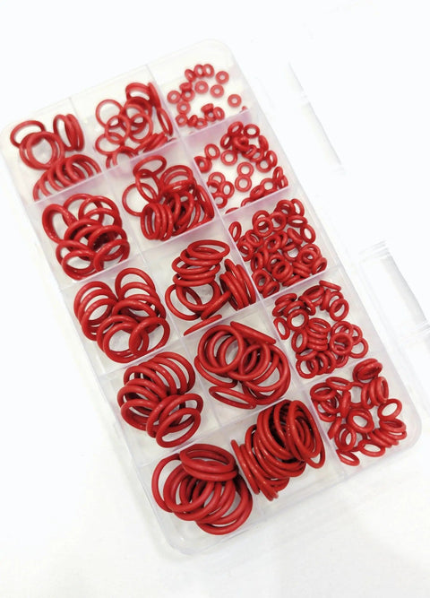 All-In-One Silicone O Ring Kit 225 Pieces In 15 Metric Sizes VMQ Sealing Gasket Set With Red Storage Box For DIY And Automotive Repairs -22C To 200C Temperature Range 50 Shore Hardness Durable Replacement Kit, displayed in an organized transparent red box.