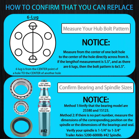 Diagram showing measurements for replacing trailer hub kit, includes bearings, spindle sizes, and bolt pattern for 6 Lug 5.5 Inch Pre Lubed Kit.