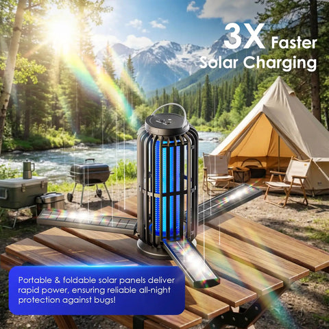 2 Pack Solar Bug Zapper With 3 Solar Panels For Faster Charging, 4200V Mosquito Killer, Auto On Off LED Light on a picnic table