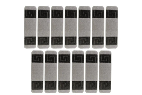 Set of 13 indoor slip resistant stair treads with Greek key meander design, beige, 8.5x30 inches, machine washable