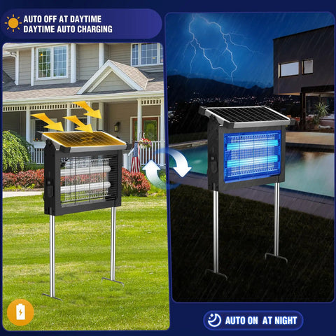 Powerful 4500V Mosquito Zapper With Panel Sensor, Waterproof Solar Bug Killer installed outdoors day and night view