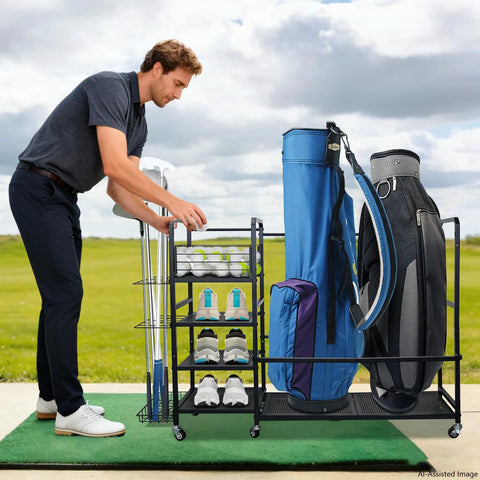 On Wheels Golf Bag Rack With Storage For Two Bags And Gear Heavy Duty Golf Organizer With Wheels holds shoes and clubs