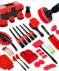 All In One 35 Piece Car Detailing Kit with windshield tool, long wheel brush, polishing pads, and red toolbox displayed