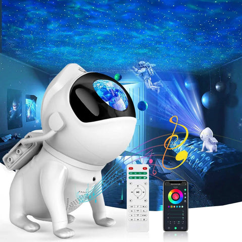 Nebula Star Projector For Bedroom With Bluetooth Speaker, Timer, Remote Control, and white space-dog design projecting stars.
