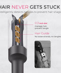 Diagram of Automatic Rotating Curling Iron for Effortless Beachy Waves showing anti-tangle feature and hair guide