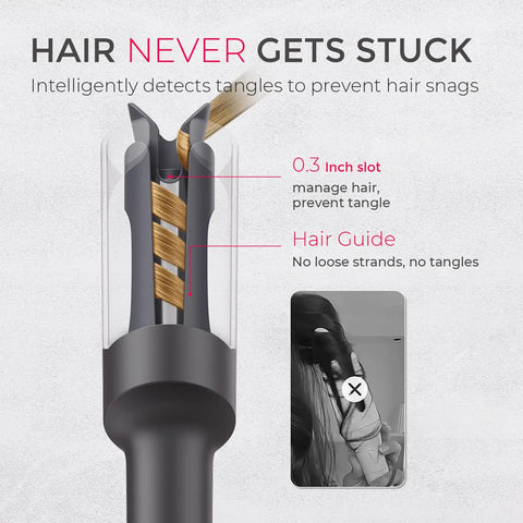 Diagram of Automatic Rotating Curling Iron for Effortless Beachy Waves showing anti-tangle feature and hair guide