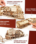 3D Wooden Steam Train Puzzle Kit for Adults, V Express Model Train with Tender, 538 Pieces, Realistic Victorian Steam Engine Build, Brain Teaser Hobby Set for Home Decor and Collectors showing wooden steam locomotive with tender and tracks