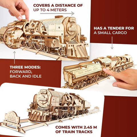 3D Wooden Steam Train Puzzle Kit for Adults, V Express Model Train with Tender, 538 Pieces, Realistic Victorian Steam Engine Build, Brain Teaser Hobby Set for Home Decor and Collectors showing wooden steam locomotive with tender and tracks