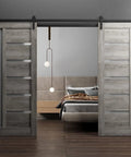 Nebraska Gray Frosted Glass Double Sliding Barn Door Set With Solid MDF Core, 84 By 96 Inches, Black Rail Hardware Included