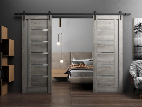 Nebraska Gray Frosted Glass Double Sliding Barn Door Set With Solid MDF Core, 84 By 96 Inches, Black Rail Hardware Included