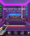 Bedroom with vibrant pink and blue LED lights, remote in hand; 50ft Music Synchronized LED Strip Lights For Bedroom And Home Decor, Smart App Control, 16 Million Colors, DIY Color, 28 Dynamic Modes, Timers, Mic Or Beat Responsive, Easy Setup, Vibe Ready Lighting.
