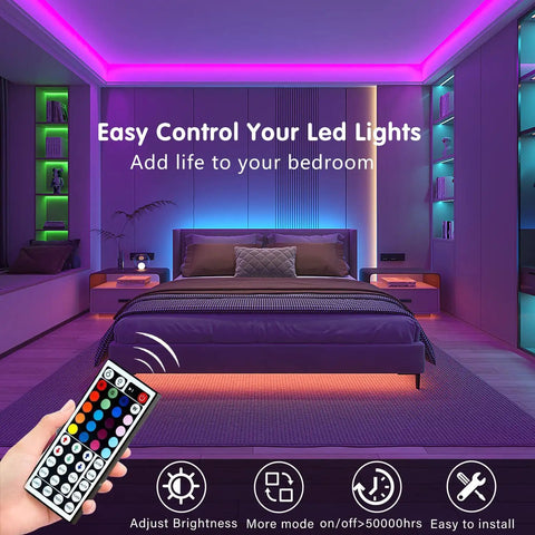 Bedroom with vibrant pink and blue LED lights, remote in hand; 50ft Music Synchronized LED Strip Lights For Bedroom And Home Decor, Smart App Control, 16 Million Colors, DIY Color, 28 Dynamic Modes, Timers, Mic Or Beat Responsive, Easy Setup, Vibe Ready Lighting.