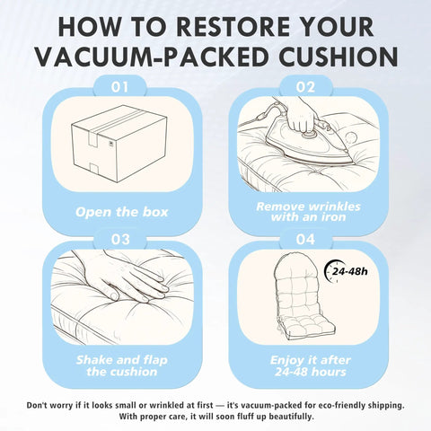 Four-step guide on how to restore vacuum-packed cushion: open box, remove wrinkles with iron, shake and flap, enjoy in 24-48 hours.