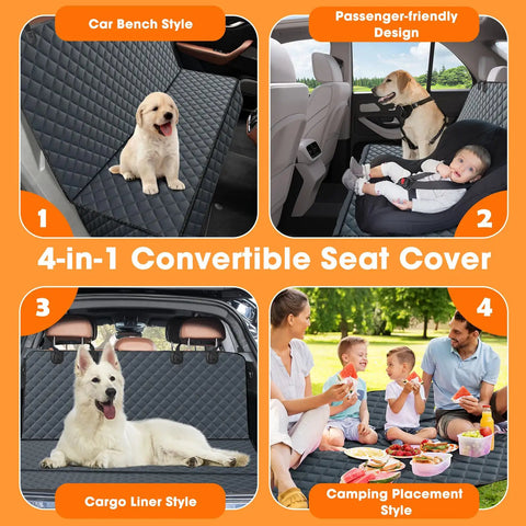 Collage showing 4 uses of Waterproof Dog Car Seat Cover Back Seat Protector for Cars Trucks and SUVs with Nonslip Surface