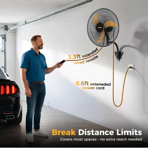 Man using remote on 20 Inch Wall Mount Oscillating Fan With 600D Oxford Cover, Extended 3.3ft Wired Remote And 6.6ft Power Cord