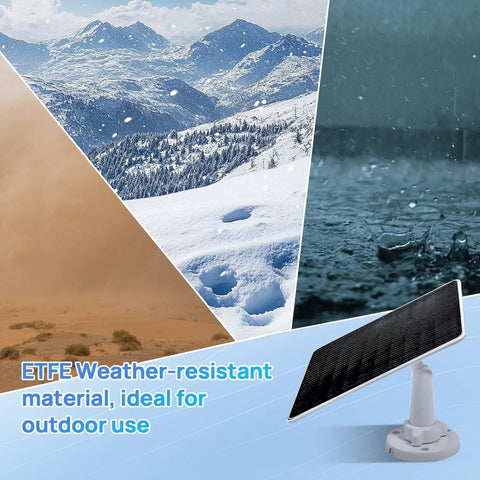 5W Solar Panel Charger For Ring Cameras And Wyze Outdoor Cam V1 V2 With USB C And Barrel Plug Nine Point Eight Foot Cable shown in weather conditions