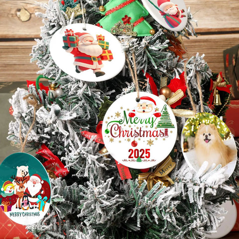 Two-Sided Sublimation Ceramic Ornament Blanks on Christmas tree with 2025 design and gold string, vibrant double-sided prints visible