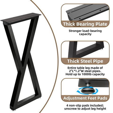 36 Inch Metal Bar Table Legs Set Of Two Sturdy Black Counter Height Support Legs with thick bearing plate and adjustable feet