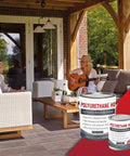Clear Two Part Polyurethane Sealer Slaps On Smooth For Raw Wood And Brick Slick High Gloss UV Resistant Topcoat Nails The Deep Color Lock Covers Two Hundred Fifty Square Feet One Gallon Ready Mix in outdoor setting with women enjoying music.