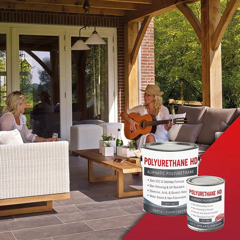 Clear Two Part Polyurethane Sealer Slaps On Smooth For Raw Wood And Brick Slick High Gloss UV Resistant Topcoat Nails The Deep Color Lock Covers Two Hundred Fifty Square Feet One Gallon Ready Mix in outdoor setting with women enjoying music.
