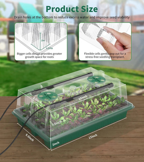 80 Cell Seedling Starter Tray With Grow Light And Humidity Dome Reusable Indoor Seed Germination Kit showing dimensions and features
