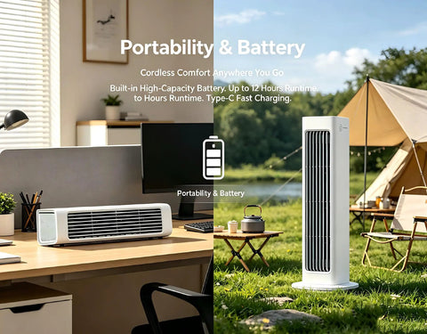 2-In-1 Bladeless Portable Fan And Air Cooler For Home And Office on desk and outdoors near tent