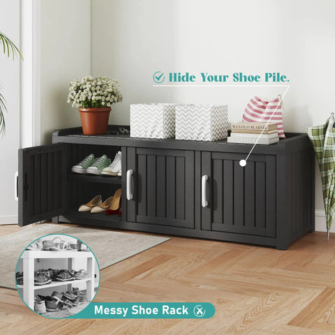 Go-To Weatherproof Resin Shoe Storage Cabinet With Adjustable Shelves And Bench, UV Resistant 3 Barn Doors Entryway Organizer