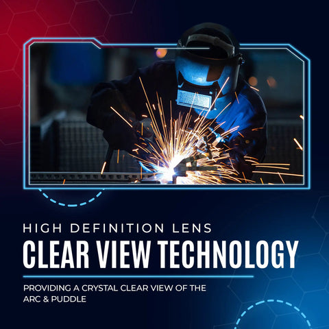 Welder using Auto Darkening Welding Lens 2x4 Shade 9 with high definition clarity, sparks visible, detailed view.