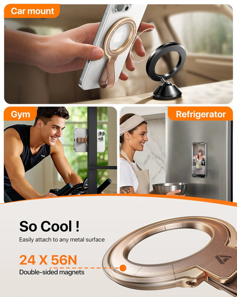Premium Top Grain Leather MagSafe Phone Grip Holder With Beefy Metal Kickstand And Hella Strong Magnets for car, gym, and refrigerator use.