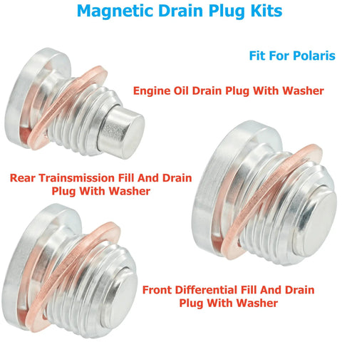 5 Piece Stainless Steel Magnetic Engine Oil Drain Plug Kit For ATV UTV Includes Front Differential And Rear Transmission Plugs With Washers Replacement 7052306 3234756 3234755 2203738 2203739 Ready To Roll displayed with engine oil, rear transmission, and front differential plugs with washers.