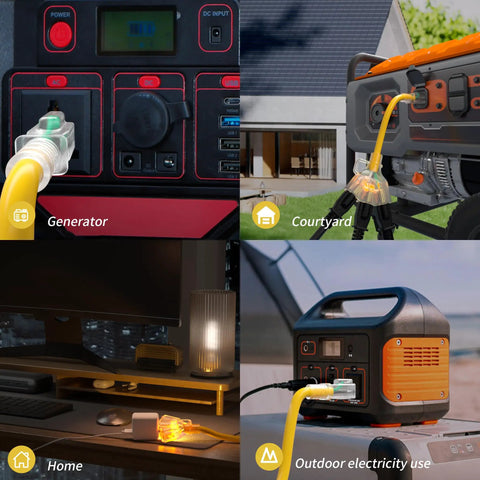 Heavy Duty Outdoor Extension Cord 25 Foot 12 Gauge Yellow Waterproof With Three Outlets ETL Listed NEMA 5 15P To NEMA 5 15R Weather Resistant For Yard Garden Patio And Outdoor Tools Powering A Bunch Of Gear At Once plugged into generator and outdoor power station
