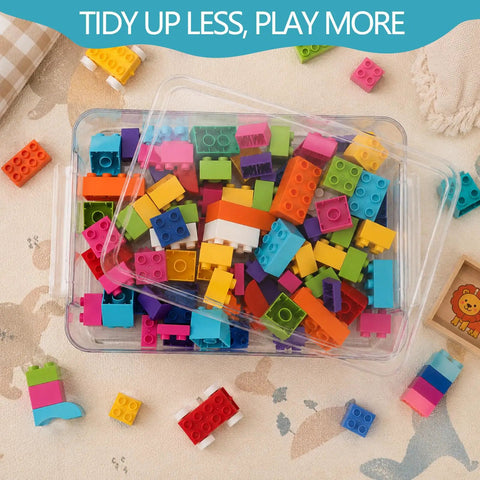 Colorful toy bricks in a clear plastic file storage box with lid, showing organization for art supplies or office documents.