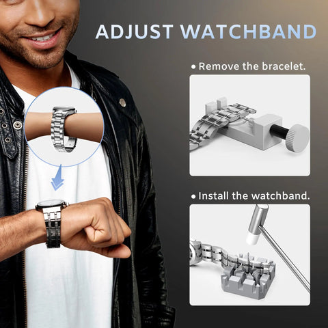 Pro Grade All In One Watch Repair Kit With Cap Opener, Strap And Band Link Remover, shown used on a watch band for adjustment.