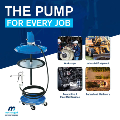 Professional Air Operated Grease Pump For 120 Lb Drums Built Tough To Crush Daily Shop Grind With A Silent Noncorrosive Motor and Booster Hose
