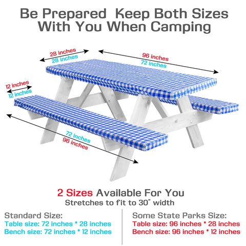 Three Piece Set 8 Foot Picnic Table Cover With Bench Covers And Vinyl Fitted Tablecloth Blue Checkered For 6 And 8 Foot Tables Camping Essentials And RV Accessories